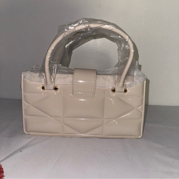 Ivory Faux Patent Leather Convertible Top Handle Swing Bag - Picture 9 of 12